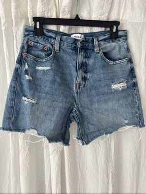 pistola mid blue distressed cutoff jean shorts